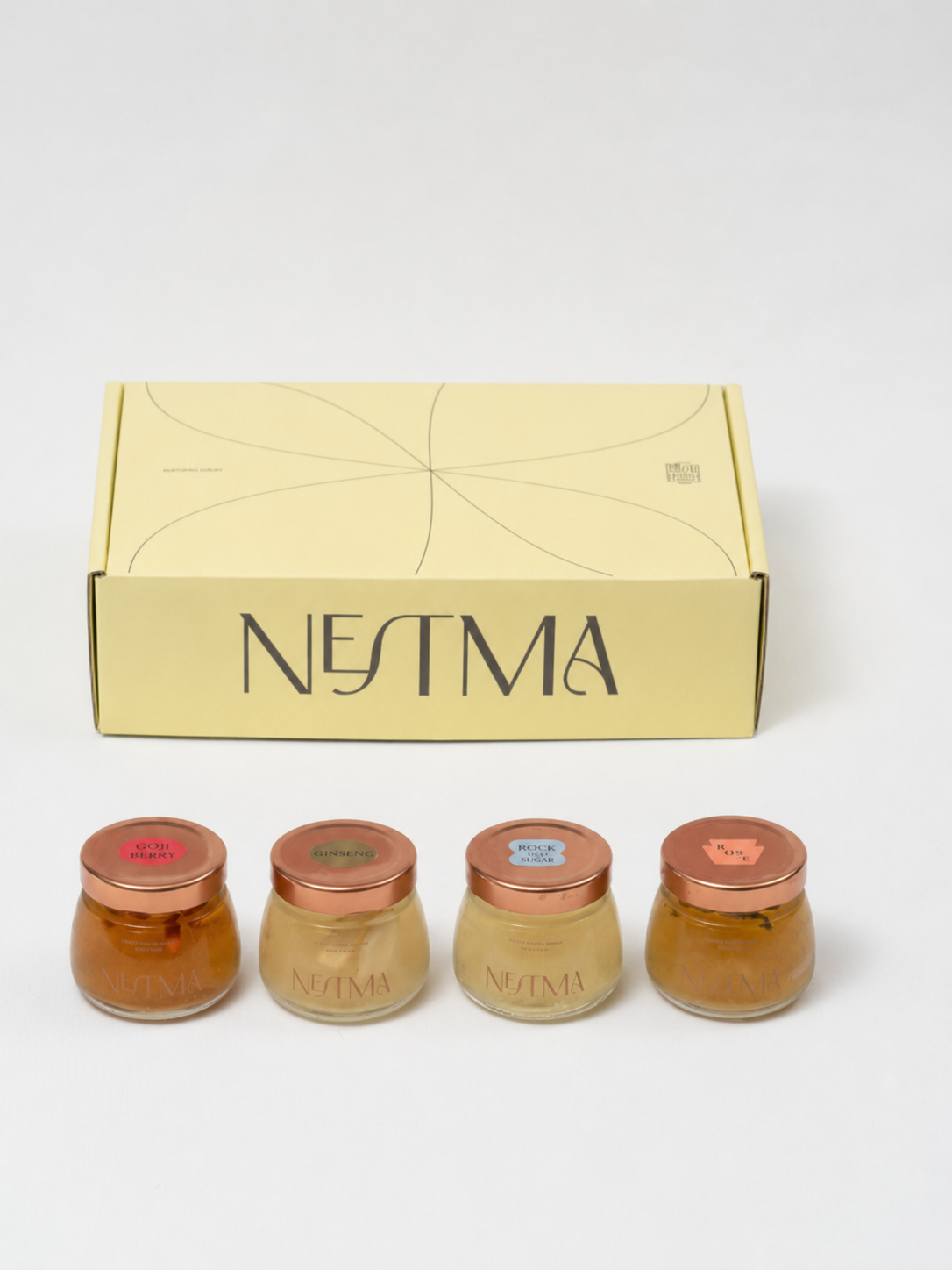 Nestma Tasting Set gift box with 4 bird's nest jars — Goji Berry, Ginseng, Honey Rock Sugar, French Rose